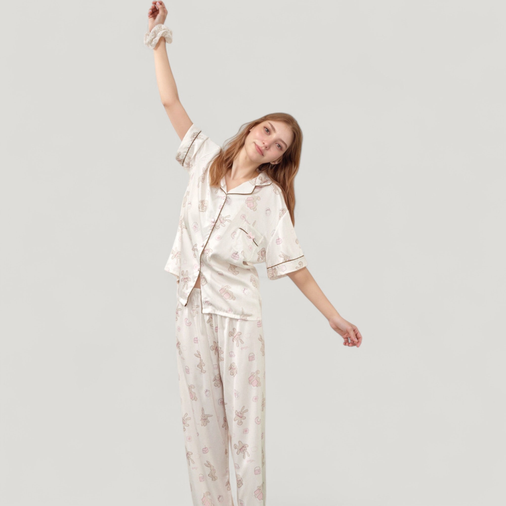 Anna-Kaci Lounge Women's Cartoon Bunny Print Pajama Set with Short Sleeve Button-Up Top and Wide Leg Lounge Pants
