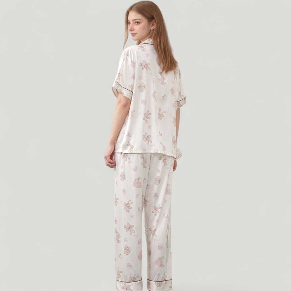 Anna-Kaci Lounge Women's Cartoon Bunny Print Pajama Set with Short Sleeve Button-Up Top and Wide Leg Lounge Pants