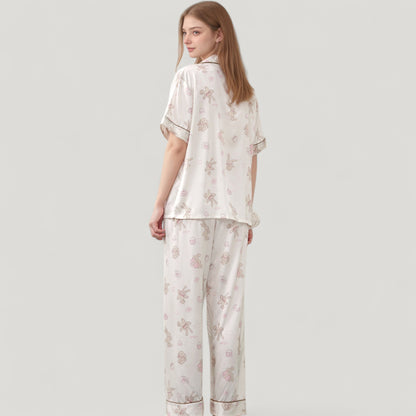 Anna-Kaci Lounge Women's Cartoon Bunny Print Pajama Set with Short Sleeve Button-Up Top and Wide Leg Lounge Pants