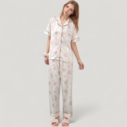 Anna-Kaci Lounge Women's Cartoon Bunny Print Pajama Set with Short Sleeve Button-Up Top and Wide Leg Lounge Pants