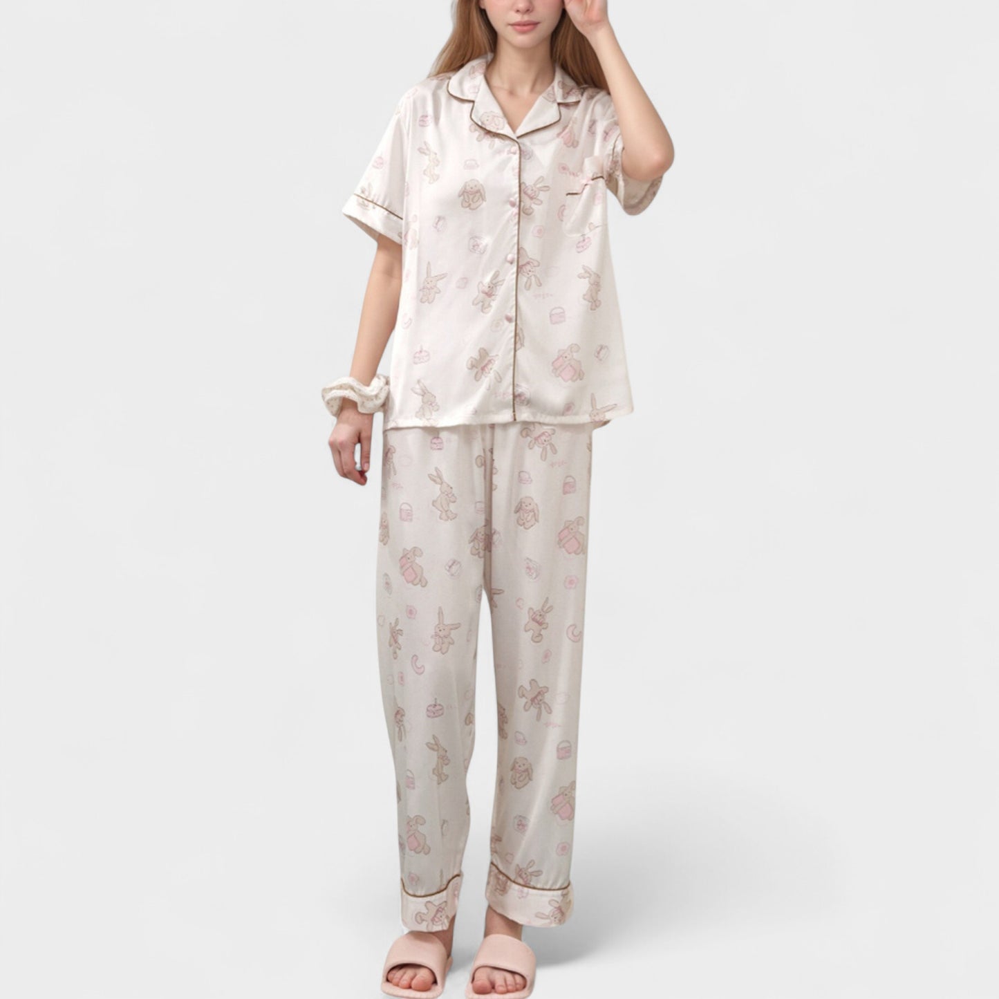 Anna-Kaci Lounge Women's Cartoon Bunny Print Pajama Set with Short Sleeve Button-Up Top and Wide Leg Lounge Pants