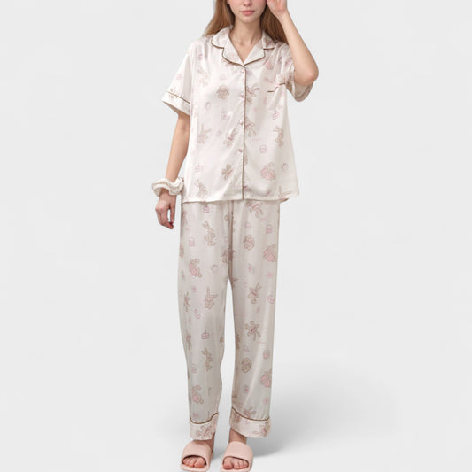 Anna-Kaci Lounge Women's Cartoon Bunny Print Pajama Set with Short Sleeve Button-Up Top and Wide Leg Lounge Pants