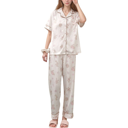 Anna-Kaci Lounge Women's Cartoon Bunny Print Pajama Set with Short Sleeve Button-Up Top and Wide Leg Lounge Pants
