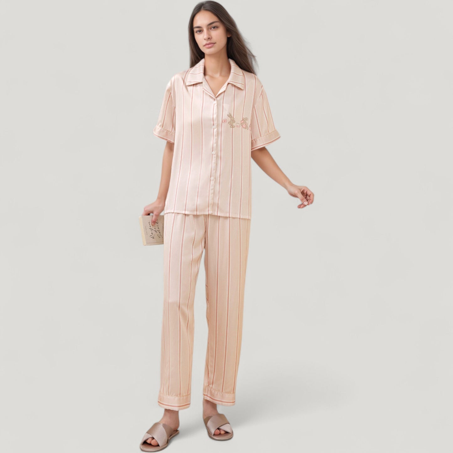 Anna-Kaci Lounge Women's Striped Pajama Set with Embroidered Bunny Detail Short Sleeve Button-Up Top and Full-Length Pants