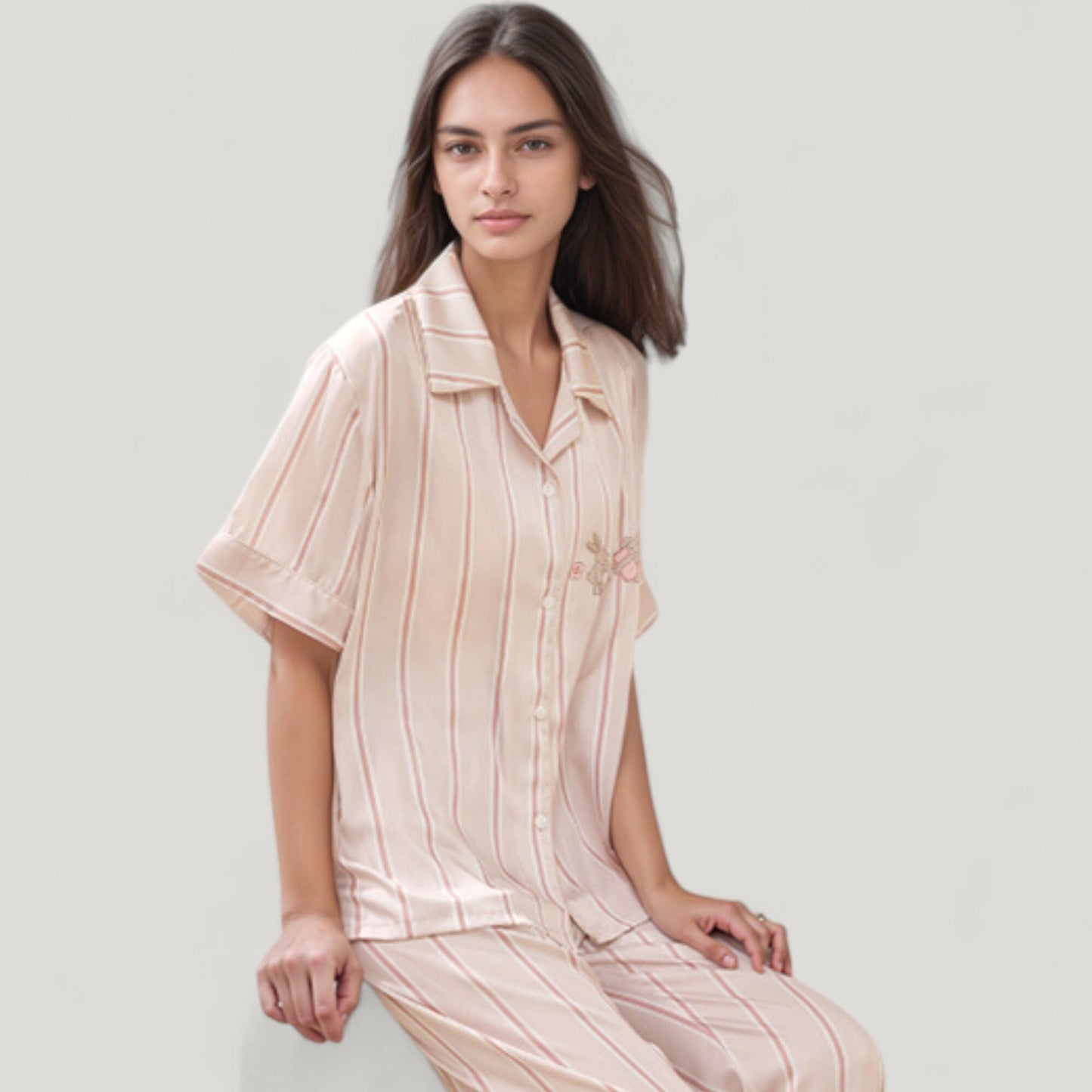 Anna-Kaci Lounge Women's Striped Pajama Set with Embroidered Bunny Detail Short Sleeve Button-Up Top and Full-Length Pants