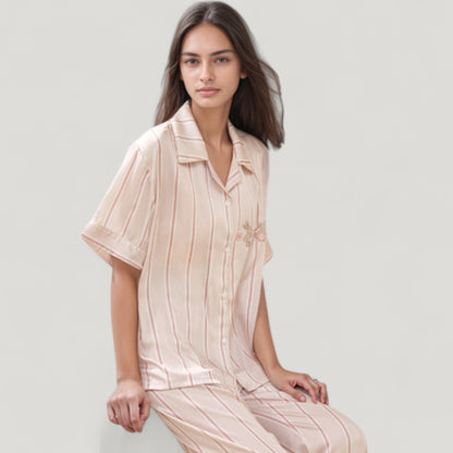 Anna-Kaci Lounge Women's Striped Pajama Set with Embroidered Bunny Detail Short Sleeve Button-Up Top and Full-Length Pants