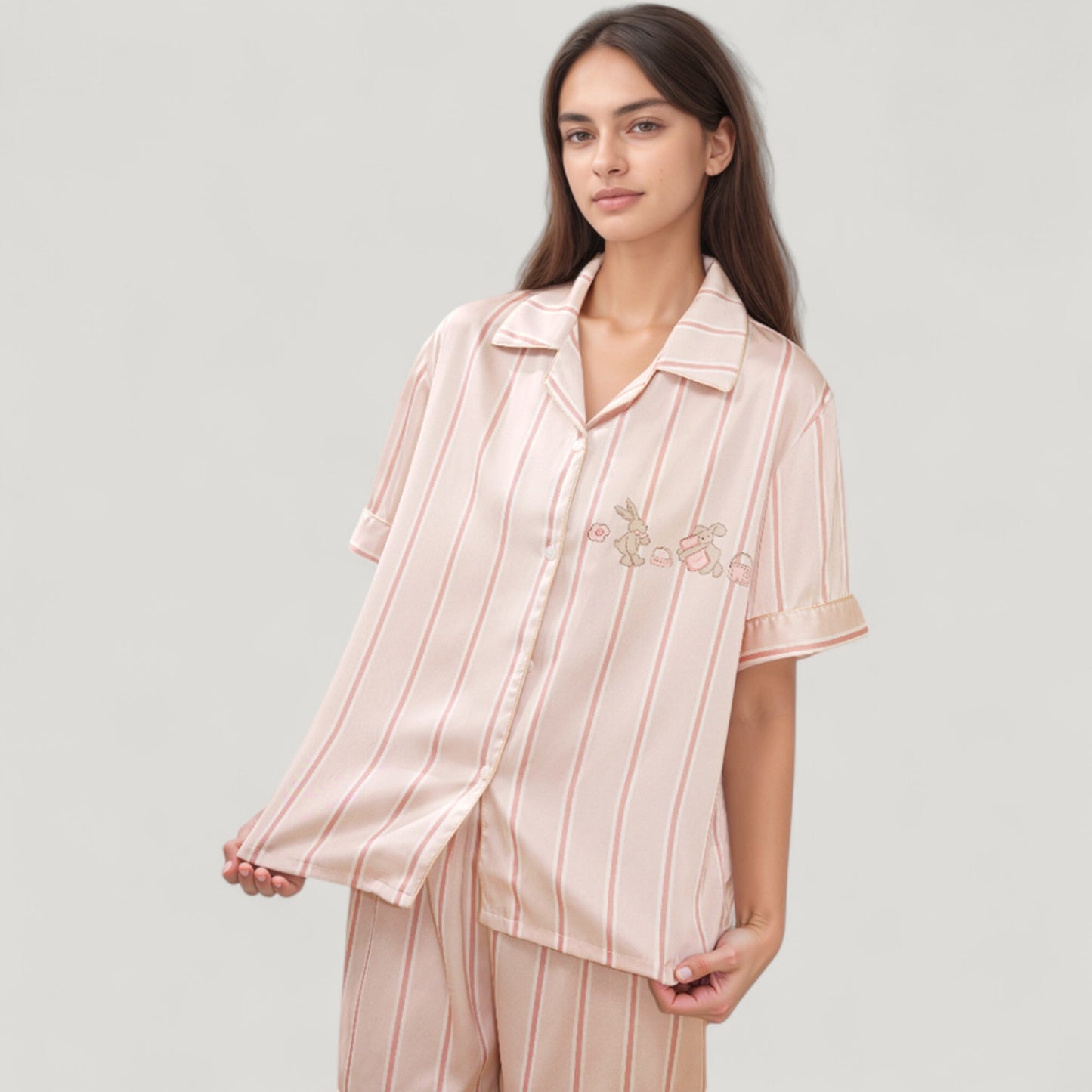 Anna-Kaci Lounge Women's Striped Pajama Set with Embroidered Bunny Detail Short Sleeve Button-Up Top and Full-Length Pants