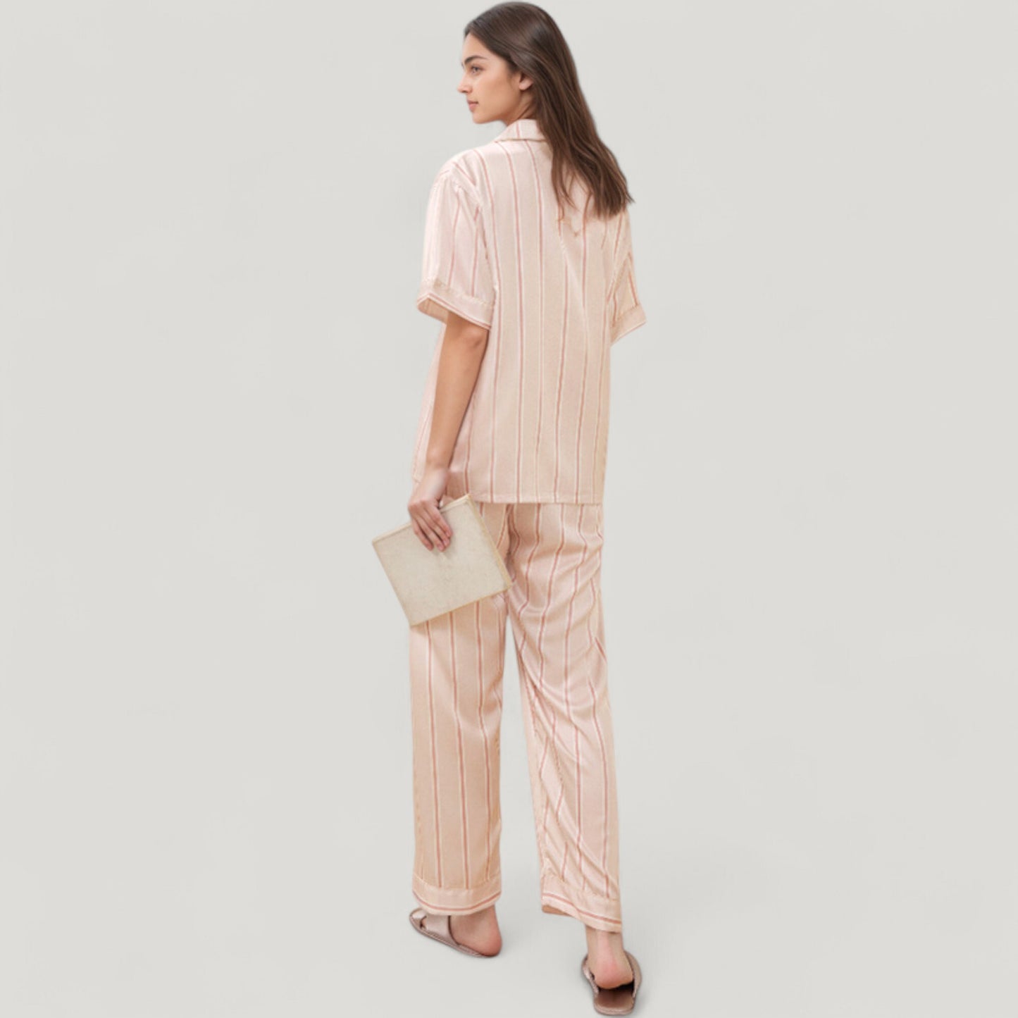 Anna-Kaci Lounge Women's Striped Pajama Set with Embroidered Bunny Detail Short Sleeve Button-Up Top and Full-Length Pants