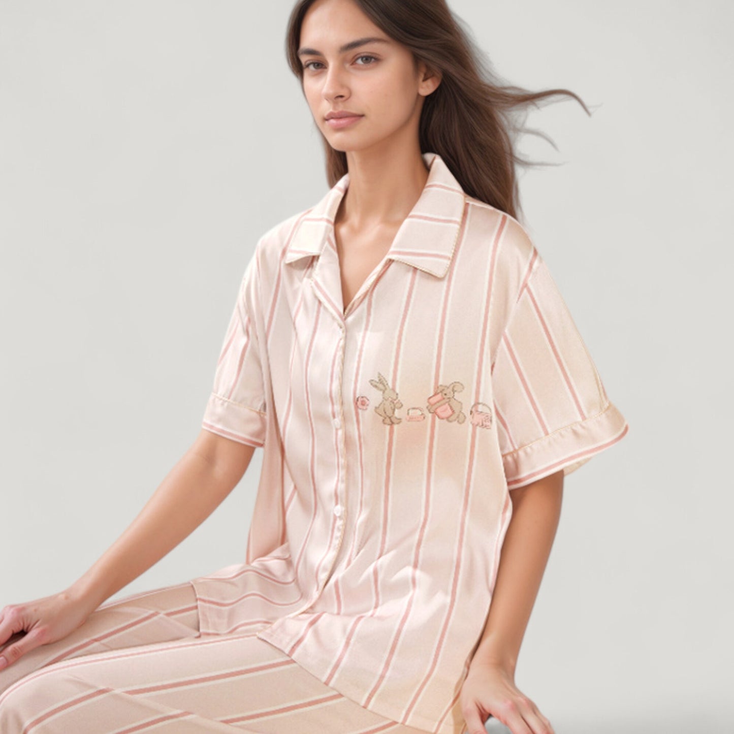 Anna-Kaci Lounge Women's Striped Pajama Set with Embroidered Bunny Detail Short Sleeve Button-Up Top and Full-Length Pants