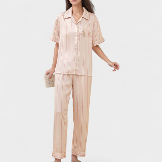 Anna-Kaci Lounge Women's Striped Pajama Set with Embroidered Bunny Detail Short Sleeve Button-Up Top and Full-Length Pants