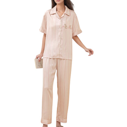 Anna-Kaci Lounge Women's Striped Pajama Set with Embroidered Bunny Detail Short Sleeve Button-Up Top and Full-Length Pants