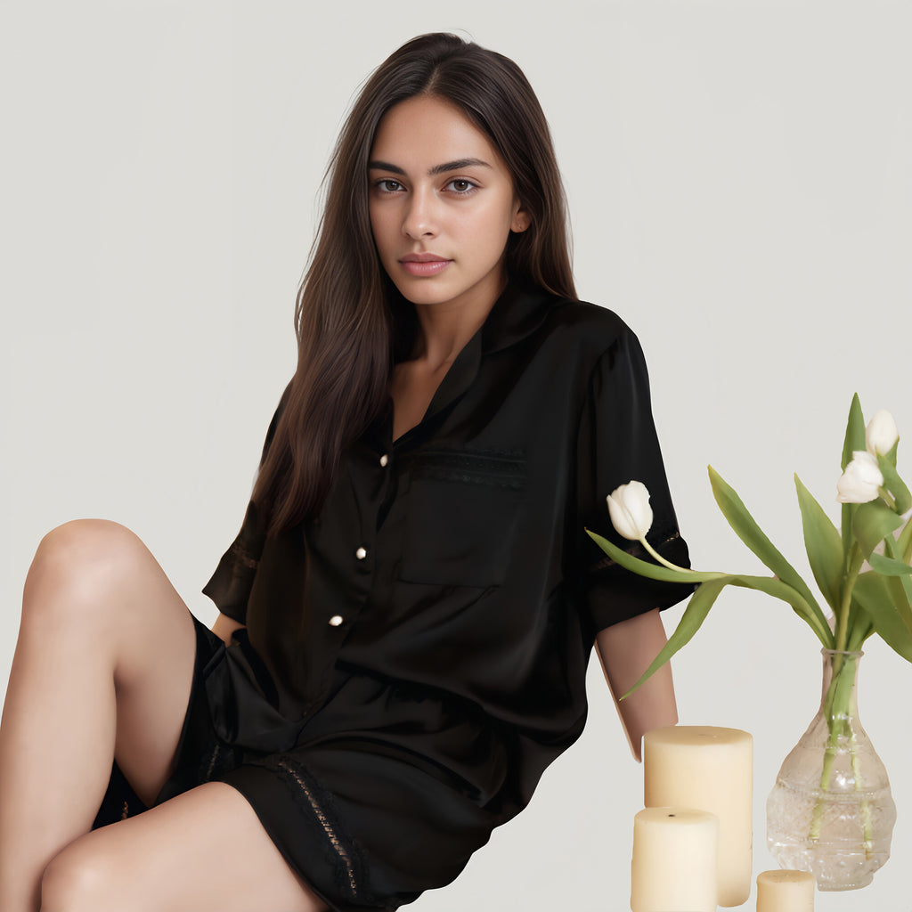 Anna-Kaci Lounge Women's Satin Pajama Set with Lace Trim Short Sleeve Button Top and Elastic Waist Shorts