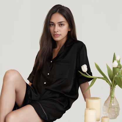 Anna-Kaci Lounge Women's Satin Pajama Set with Lace Trim Short Sleeve Button Top and Elastic Waist Shorts