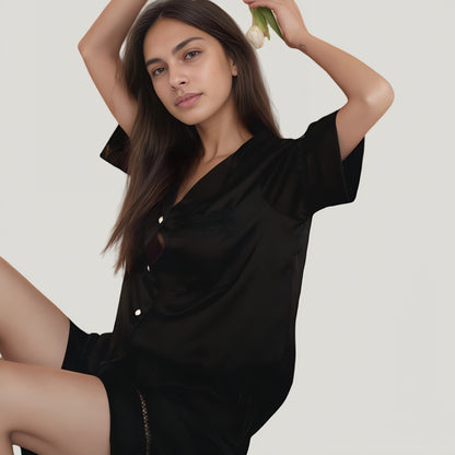 Anna-Kaci Lounge Women's Satin Pajama Set with Lace Trim Short Sleeve Button Top and Elastic Waist Shorts