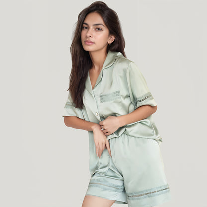 Anna-Kaci Lounge Women's Satin Pajama Set with Lace Trim Short Sleeve Button Top and Elastic Waist Shorts