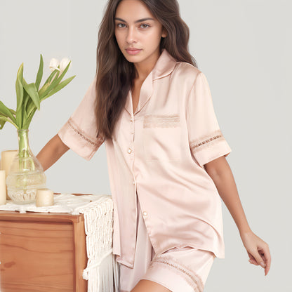 Anna-Kaci Lounge Women's Satin Pajama Set with Lace Trim Short Sleeve Button Top and Elastic Waist Shorts