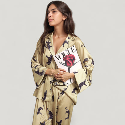 Anna-Kaci Lounge Women's Cat Print Satin Pajama Set Long Sleeve Button-Up Top with Elastic Waist Full-Length Pants