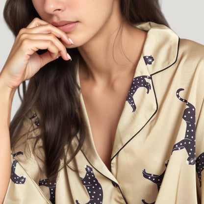 Anna-Kaci Lounge Women's Cat Print Satin Pajama Set Long Sleeve Button-Up Top with Elastic Waist Full-Length Pants