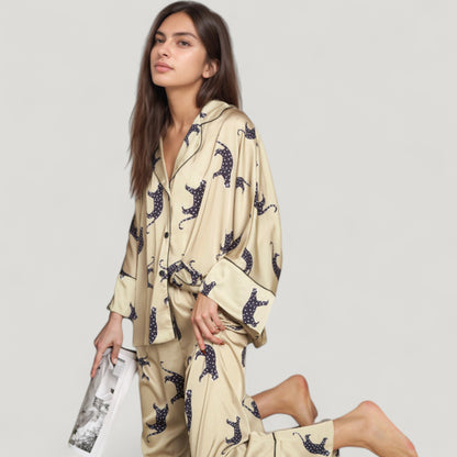 Anna-Kaci Lounge Women's Cat Print Satin Pajama Set Long Sleeve Button-Up Top with Elastic Waist Full-Length Pants