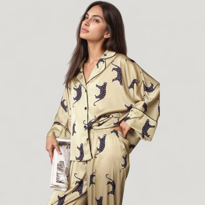 Anna-Kaci Lounge Women's Cat Print Satin Pajama Set Long Sleeve Button-Up Top with Elastic Waist Full-Length Pants