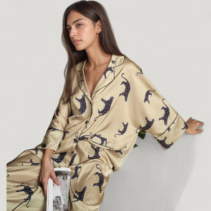 Anna-Kaci Lounge Women's Cat Print Satin Pajama Set Long Sleeve Button-Up Top with Elastic Waist Full-Length Pants