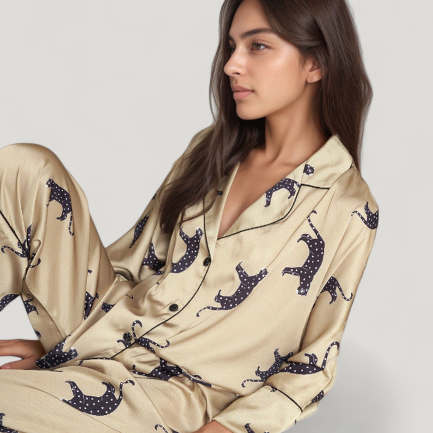 Anna-Kaci Lounge Women's Cat Print Satin Pajama Set Long Sleeve Button-Up Top with Elastic Waist Full-Length Pants