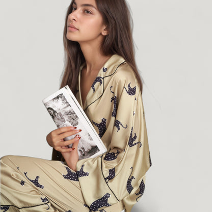 Anna-Kaci Lounge Women's Cat Print Satin Pajama Set Long Sleeve Button-Up Top with Elastic Waist Full-Length Pants