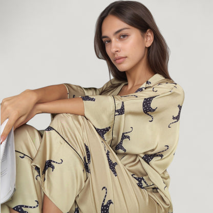 Anna-Kaci Lounge Women's Cat Print Satin Pajama Set Long Sleeve Button-Up Top with Elastic Waist Full-Length Pants