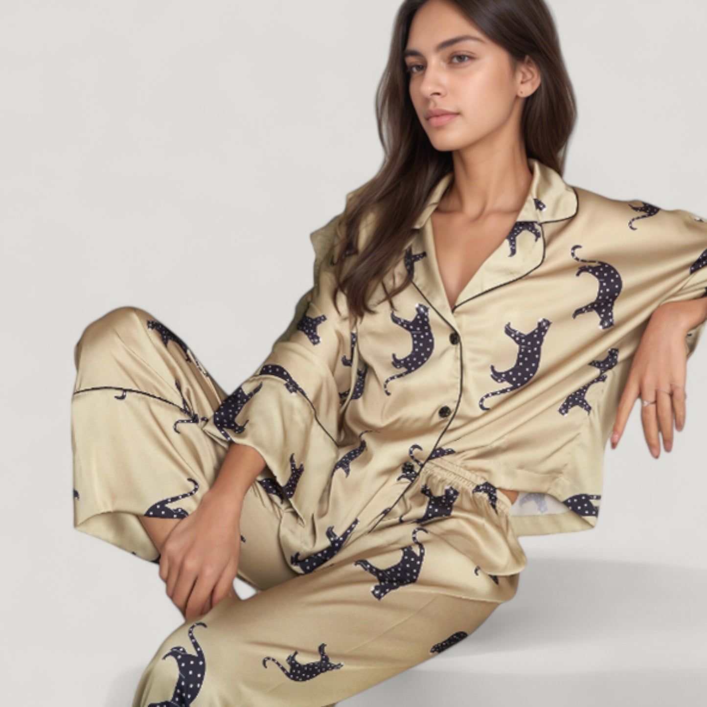 Anna-Kaci Lounge Women's Cat Print Satin Pajama Set Long Sleeve Button-Up Top with Elastic Waist Full-Length Pants