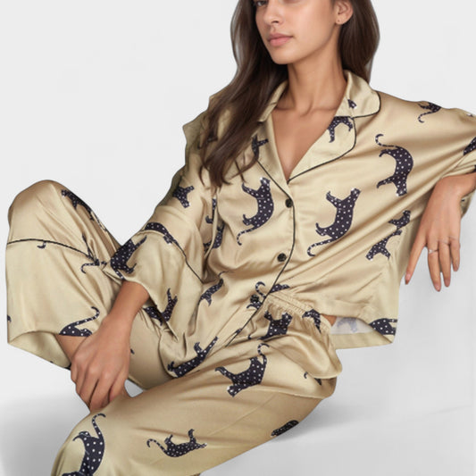 Anna-Kaci Lounge Women's Cat Print Satin Pajama Set Long Sleeve Button-Up Top with Elastic Waist Full-Length Pants