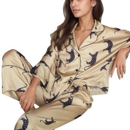 Anna-Kaci Lounge Women's Cat Print Satin Pajama Set Long Sleeve Button-Up Top with Elastic Waist Full-Length Pants