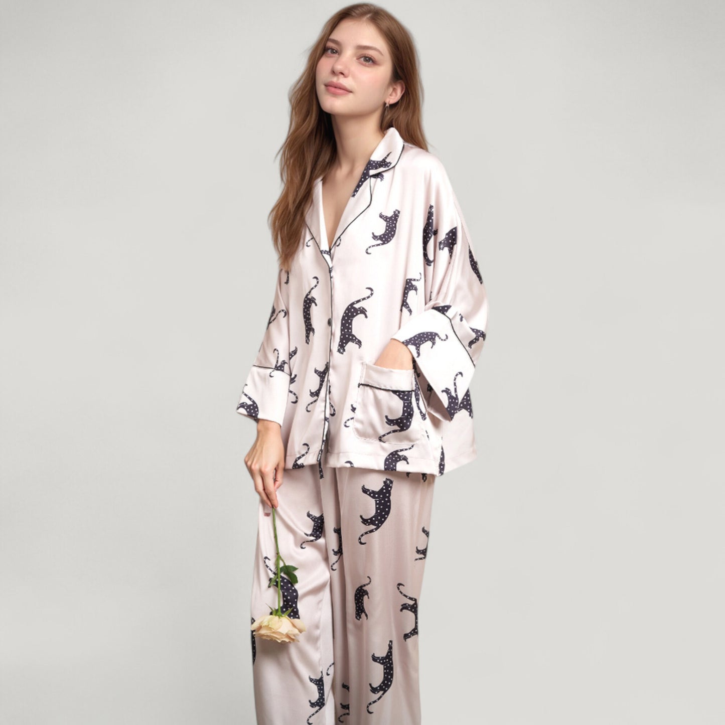 Anna-Kaci Lounge Women's Cat Print Satin Pajama Set Long Sleeve Button-Up Top with Elastic Waist Full-Length Pants