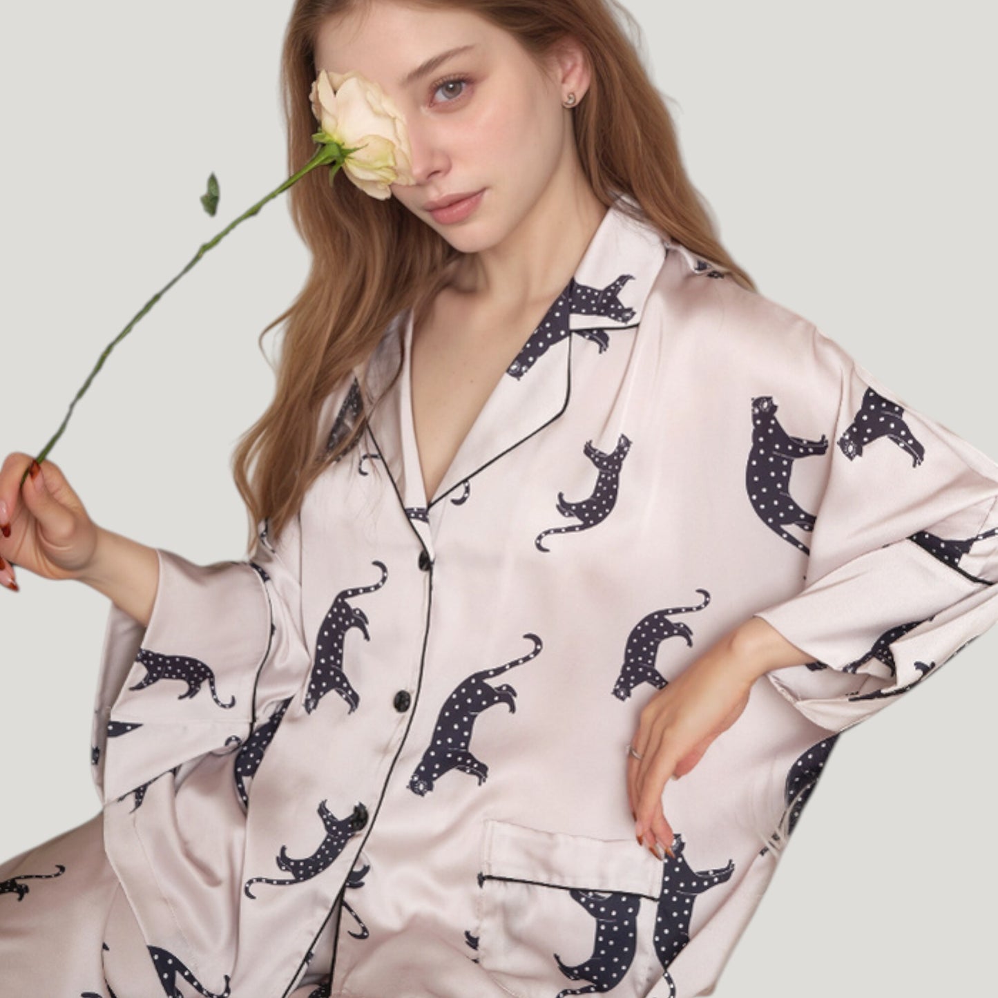 Anna-Kaci Lounge Women's Cat Print Satin Pajama Set Long Sleeve Button-Up Top with Elastic Waist Full-Length Pants