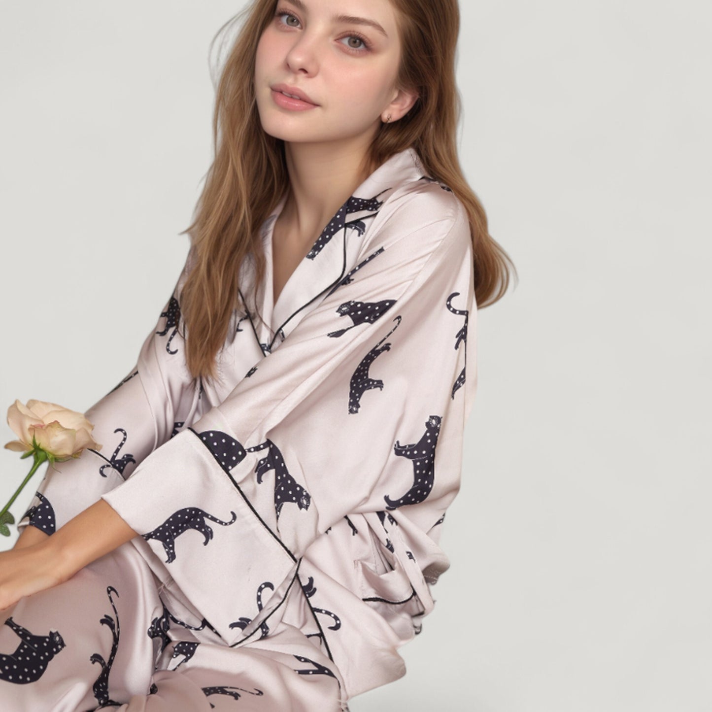 Anna-Kaci Lounge Women's Cat Print Satin Pajama Set Long Sleeve Button-Up Top with Elastic Waist Full-Length Pants