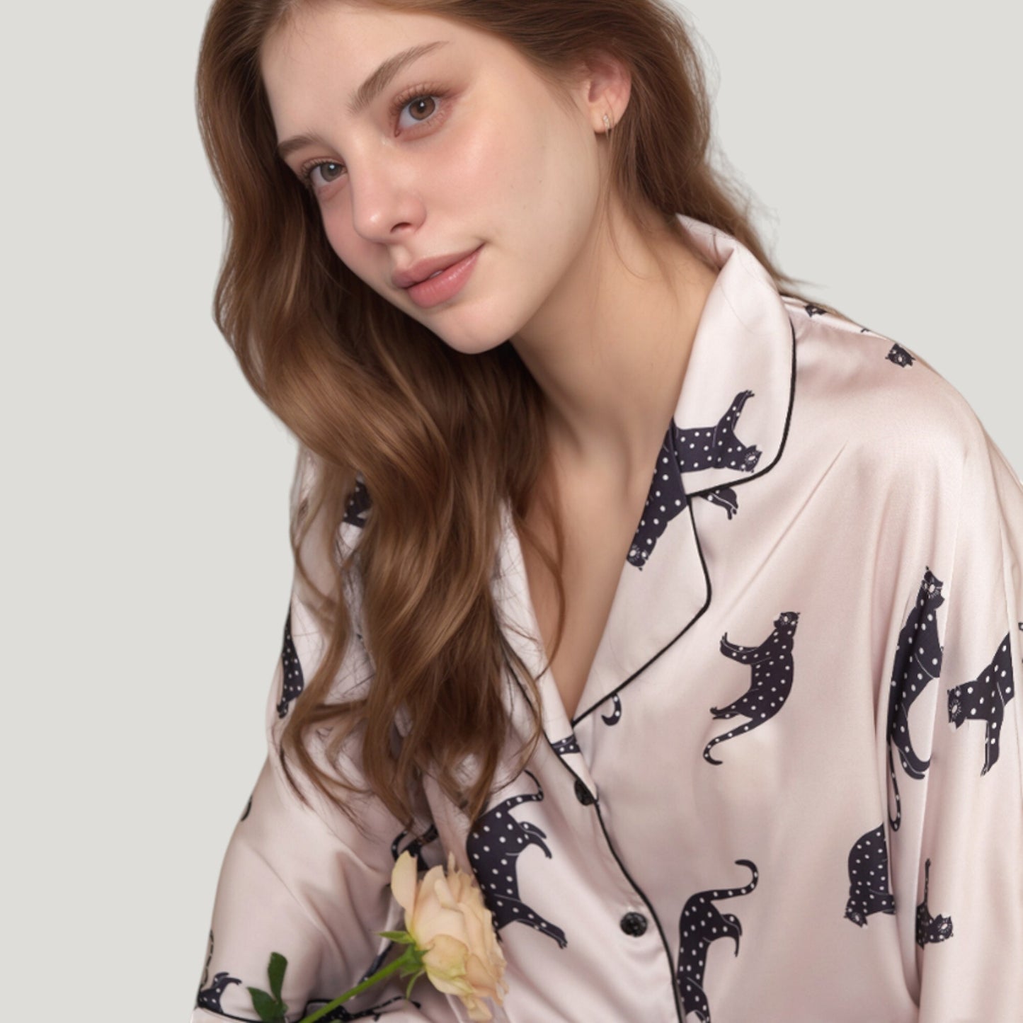 Anna-Kaci Lounge Women's Cat Print Satin Pajama Set Long Sleeve Button-Up Top with Elastic Waist Full-Length Pants