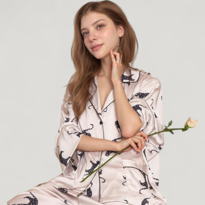 Anna-Kaci Lounge Women's Cat Print Satin Pajama Set Long Sleeve Button-Up Top with Elastic Waist Full-Length Pants