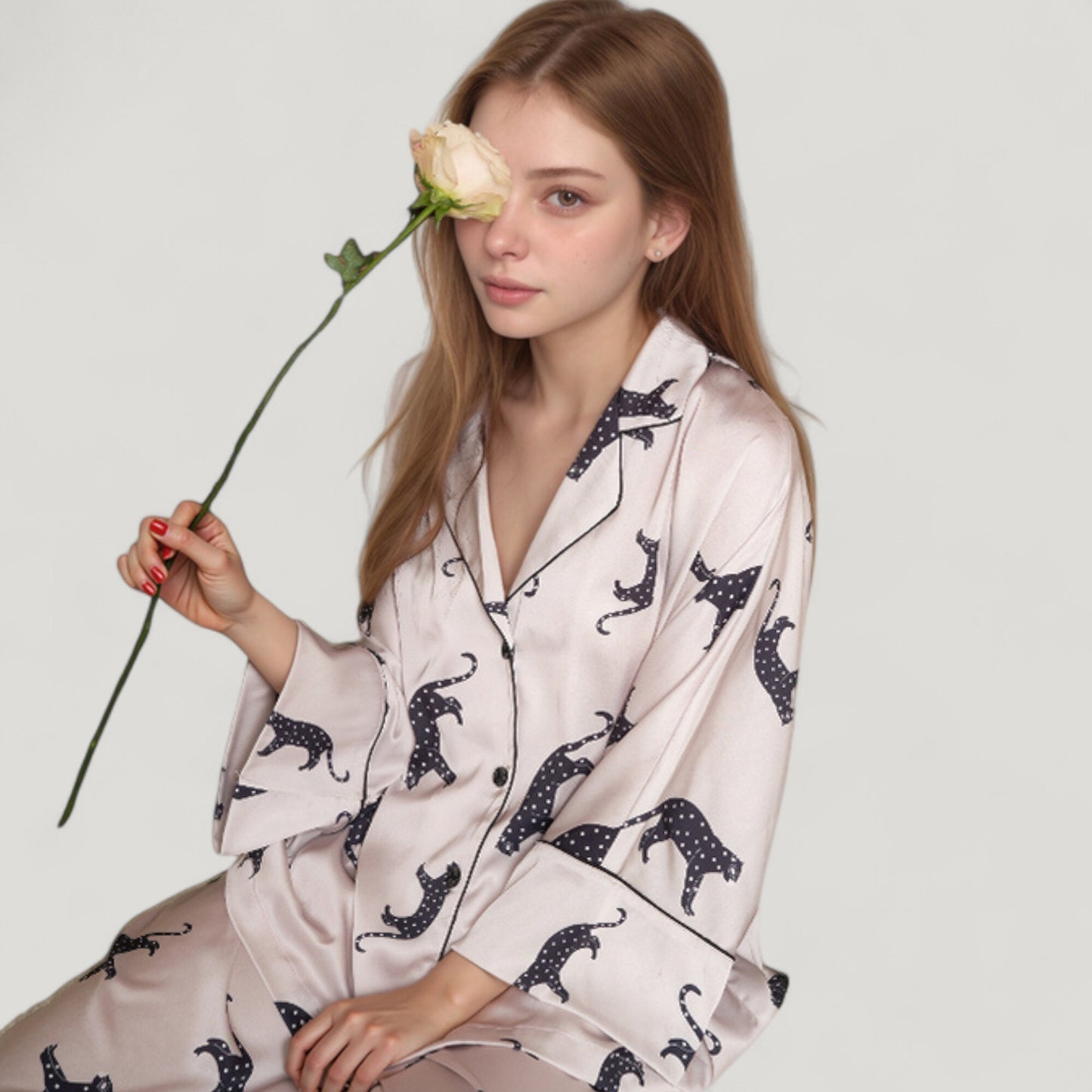 Anna-Kaci Lounge Women's Cat Print Satin Pajama Set Long Sleeve Button-Up Top with Elastic Waist Full-Length Pants