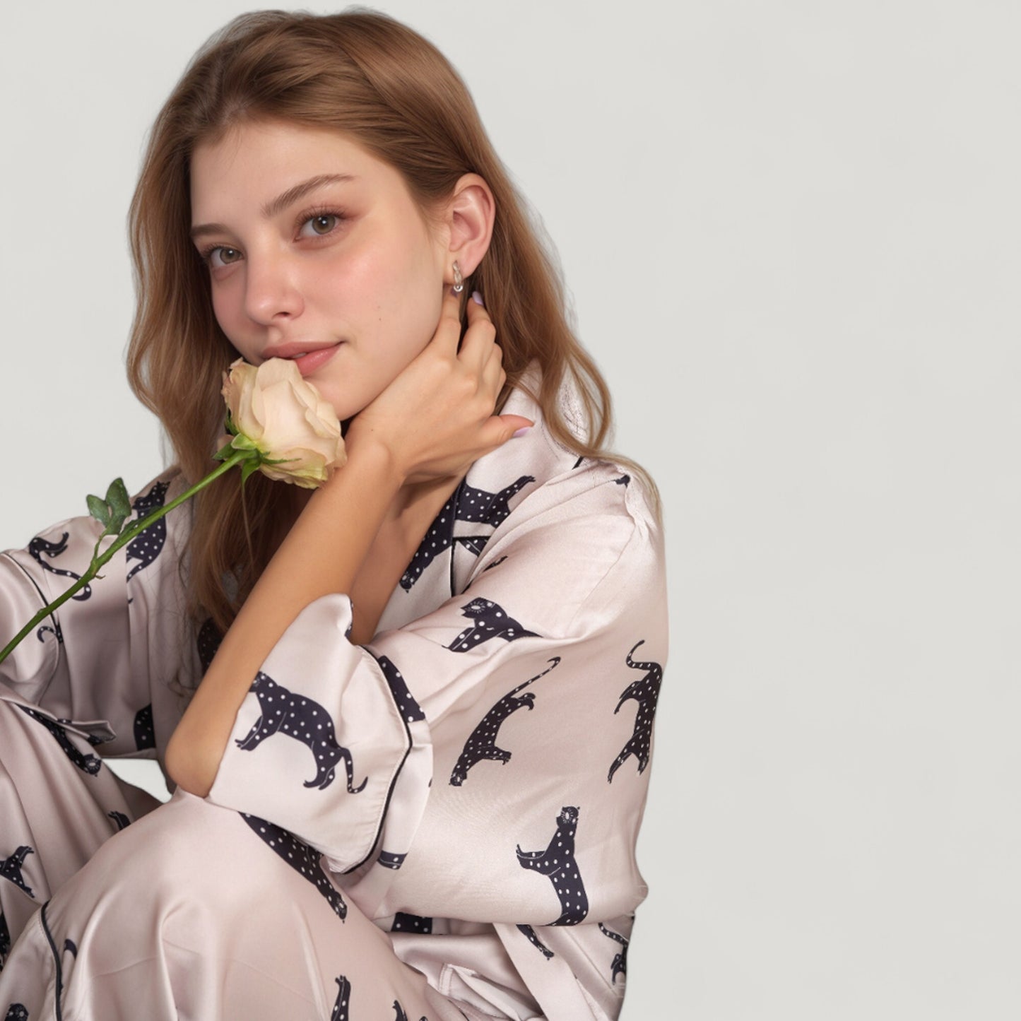 Anna-Kaci Lounge Women's Cat Print Satin Pajama Set Long Sleeve Button-Up Top with Elastic Waist Full-Length Pants