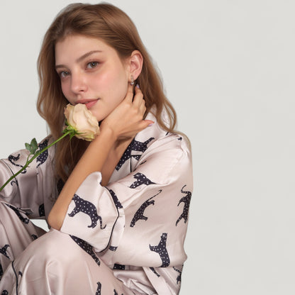 Anna-Kaci Lounge Women's Cat Print Satin Pajama Set Long Sleeve Button-Up Top with Elastic Waist Full-Length Pants