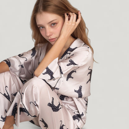 Anna-Kaci Lounge Women's Cat Print Satin Pajama Set Long Sleeve Button-Up Top with Elastic Waist Full-Length Pants