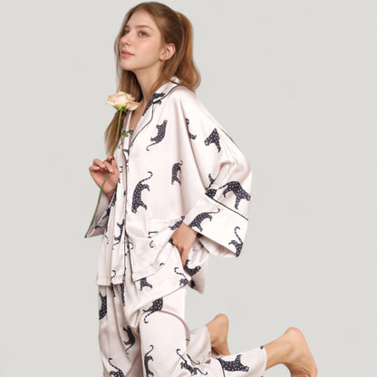Anna-Kaci Lounge Women's Cat Print Satin Pajama Set Long Sleeve Button-Up Top with Elastic Waist Full-Length Pants