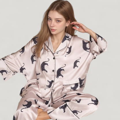 Anna-Kaci Lounge Women's Cat Print Satin Pajama Set Long Sleeve Button-Up Top with Elastic Waist Full-Length Pants