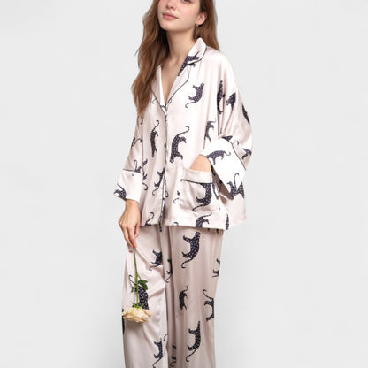 Anna-Kaci Lounge Women's Cat Print Satin Pajama Set Long Sleeve Button-Up Top with Elastic Waist Full-Length Pants