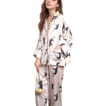 Anna-Kaci Lounge Women's Cat Print Satin Pajama Set Long Sleeve Button-Up Top with Elastic Waist Full-Length Pants