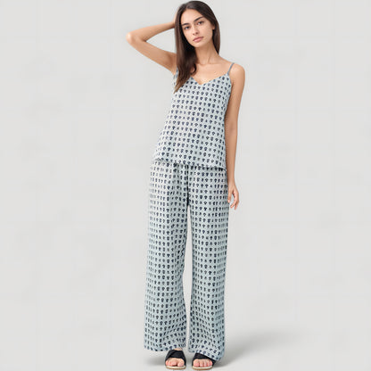 Anna-Kaci Lounge Women's Cami Strap Pajama Set with Allover Floral Print and Relaxed Wide Leg Pants