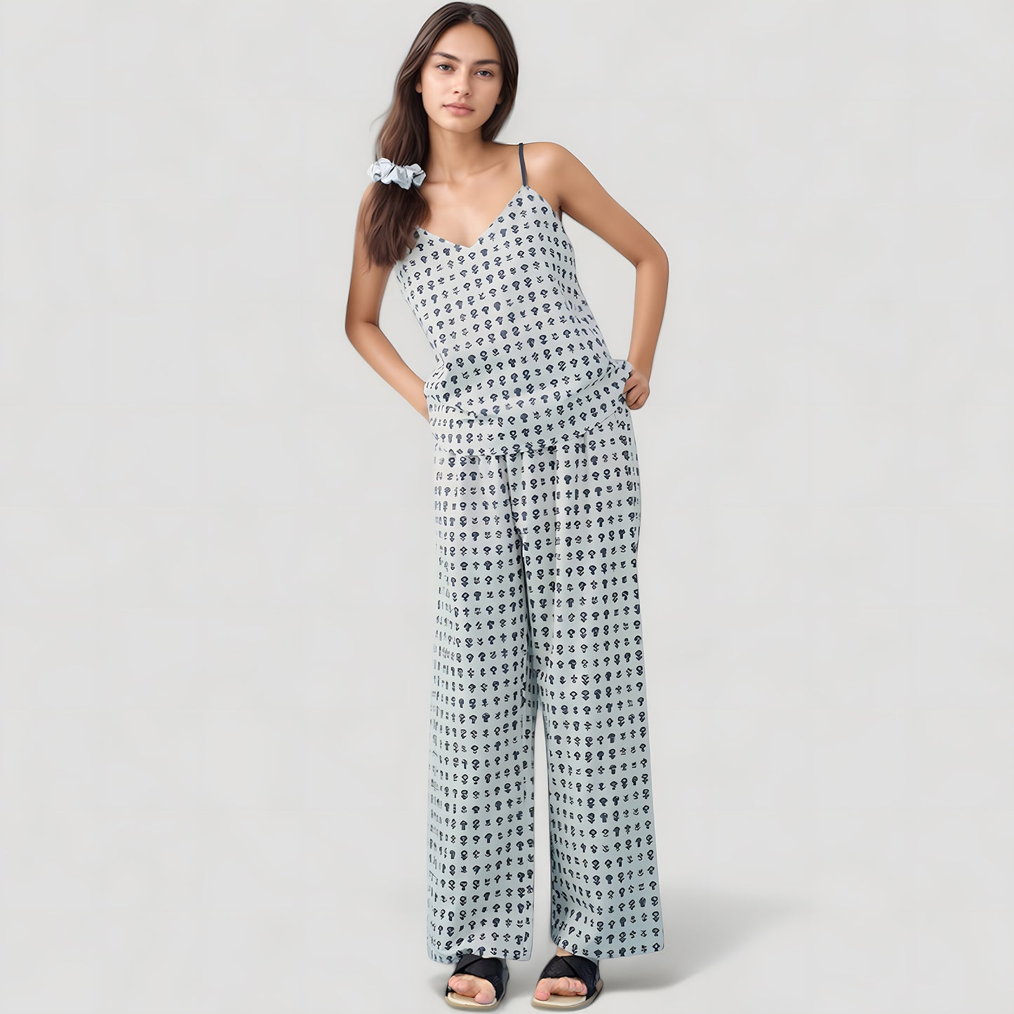 Anna-Kaci Lounge Women's Cami Strap Pajama Set with Allover Floral Print and Relaxed Wide Leg Pants