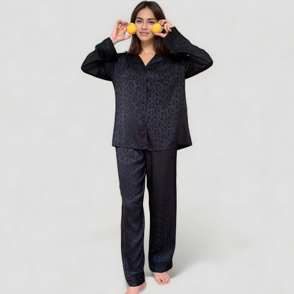 Anna-Kaci Lounge Women's Long Sleeve Button Up Pajama Set with Satin Leopard Texture and Relaxed Fit Pants