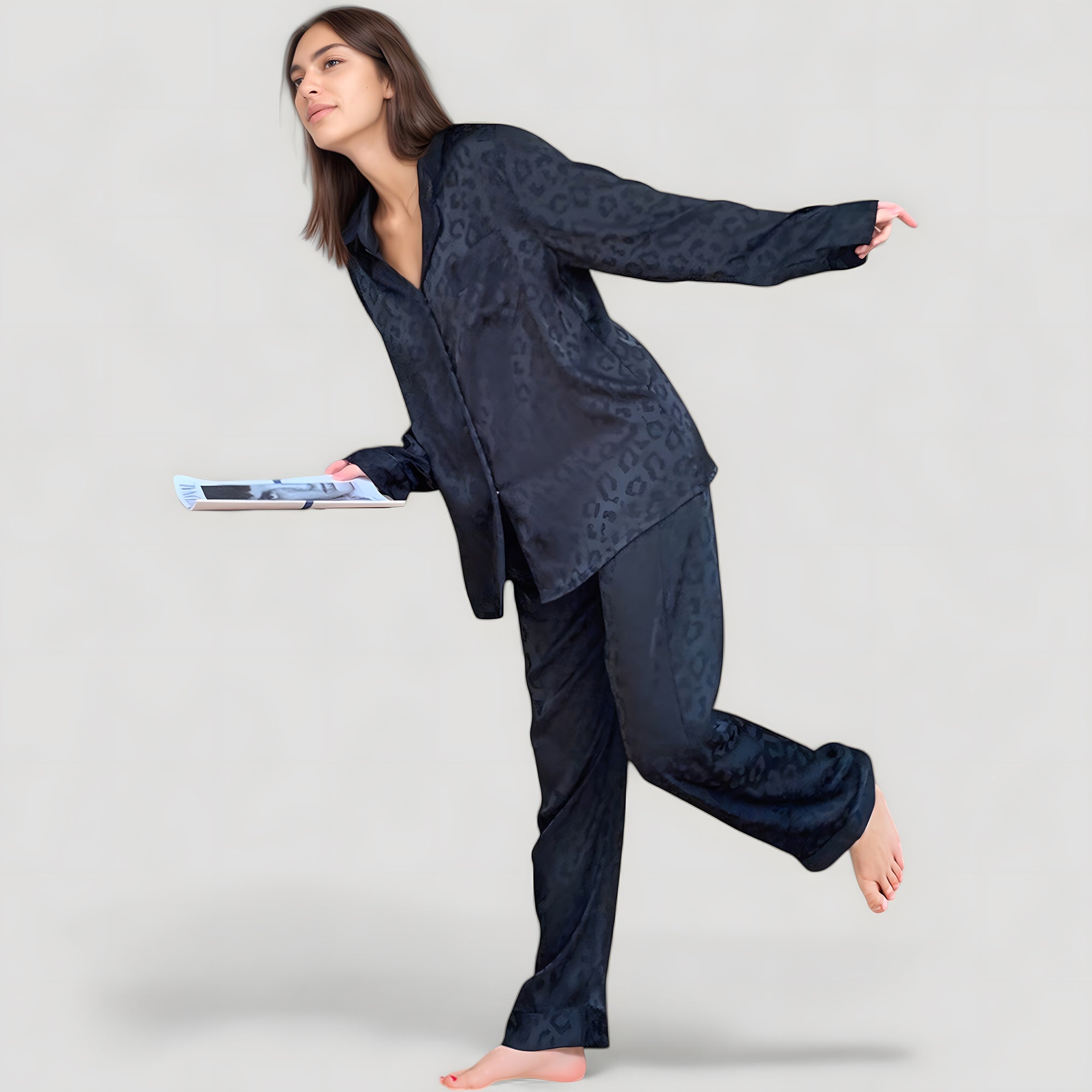Anna-Kaci Lounge Women's Long Sleeve Button Up Pajama Set with Satin Leopard Texture and Relaxed Fit Pants