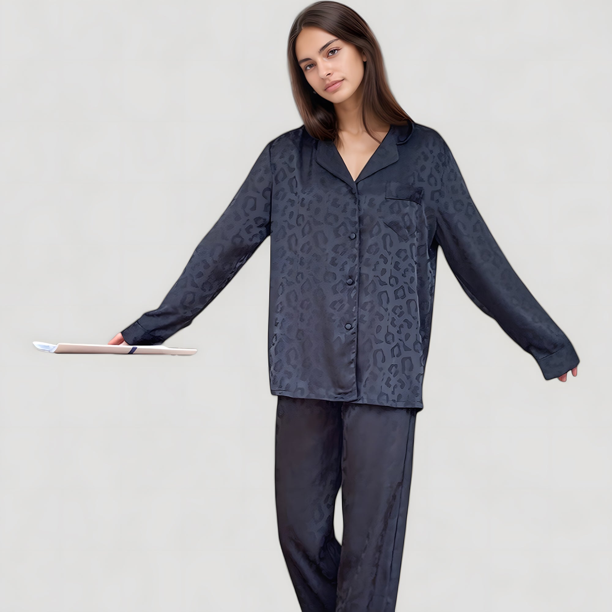 Anna-Kaci Lounge Women's Long Sleeve Button Up Pajama Set with Satin Leopard Texture and Relaxed Fit Pants