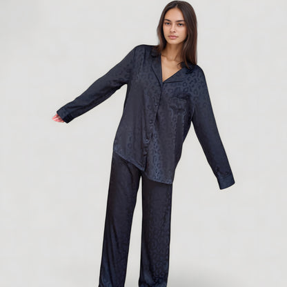 Anna-Kaci Lounge Women's Long Sleeve Button Up Pajama Set with Satin Leopard Texture and Relaxed Fit Pants
